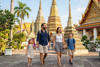 Famille en voyage en Thaïlande explorant un temple doré au lever du soleil
