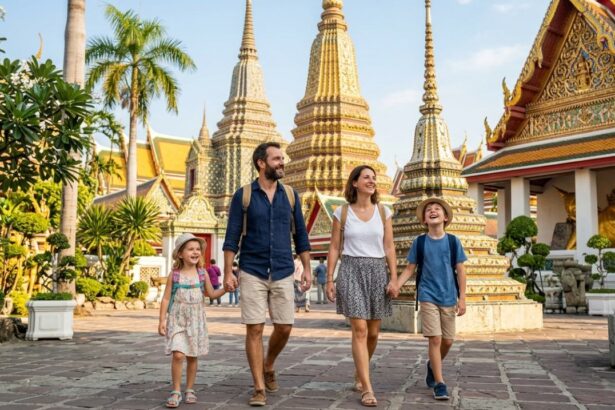 Famille en voyage en Thaïlande explorant un temple doré au lever du soleil