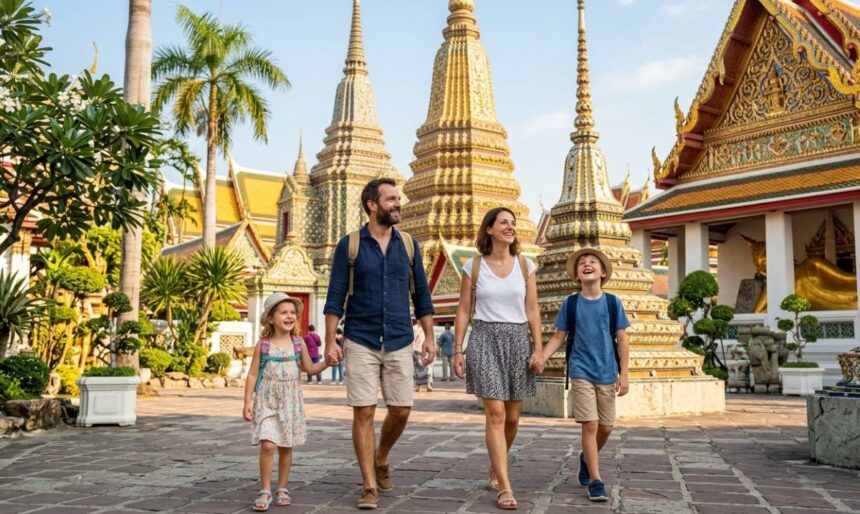 Famille en voyage en Thaïlande explorant un temple doré au lever du soleil