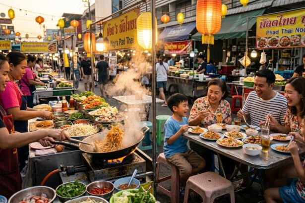 Famille dégustant de la street food thaïlandaise sur un marché de nuit en Thaïlande