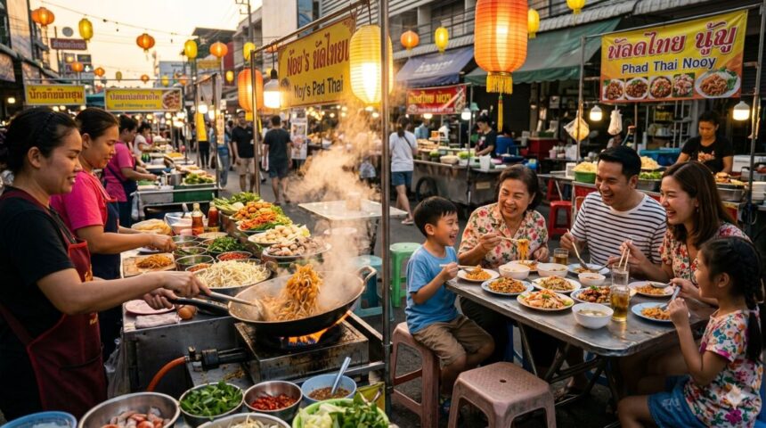 Famille dégustant de la street food thaïlandaise sur un marché de nuit en Thaïlande