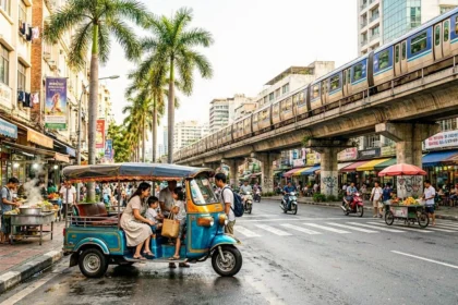 Famille montant dans un tuk-tuk coloré dans une rue animée de Bangkok