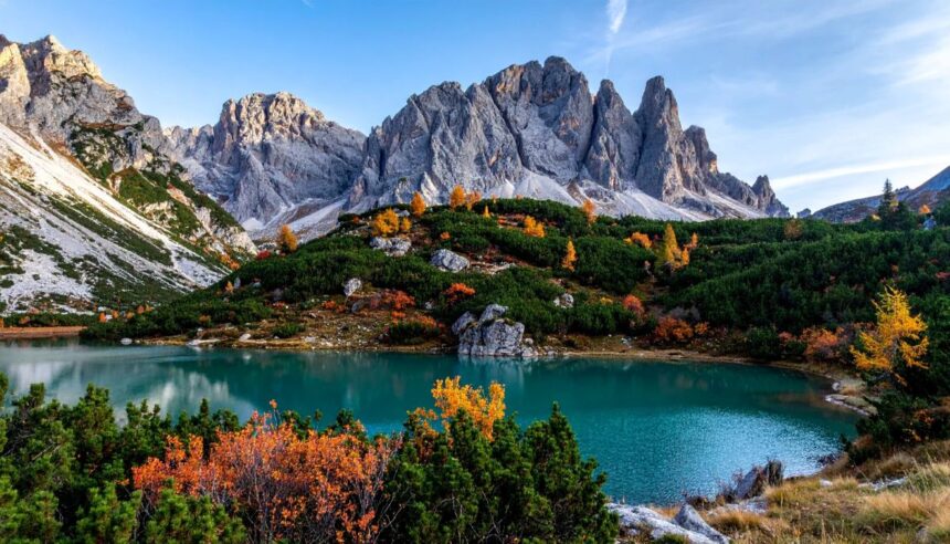 Lac de Limides avec les montagnes des Dolomites Italie