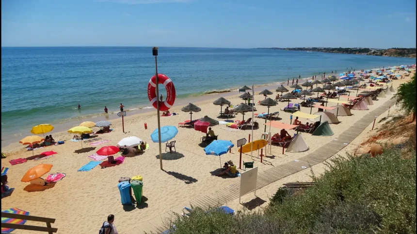 La plage de Falésia près d'Albufeira, ses rangées de parasols sur le sable et les falaises ocre qui la dominent