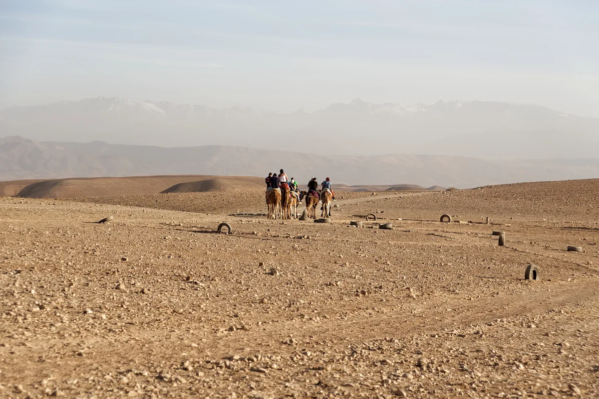 Étendue pierreuse du désert d'Agafay, au sud de Marrakech