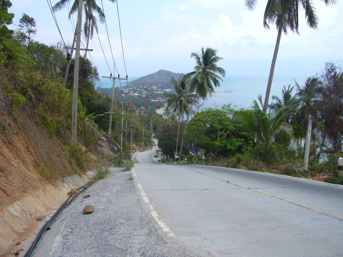 Où faire la fête à Koh Phangan : les 4 soirées, la loi 2026 et le retour de nuit 3 Une route de Koh Phangan bordée de palmiers, serpentant entre les collines