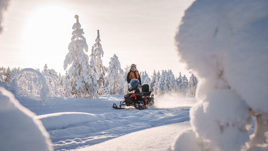 Motoneige sur une piste enneigée entre des arbres givrés, éclairée par le soleil bas de Laponie