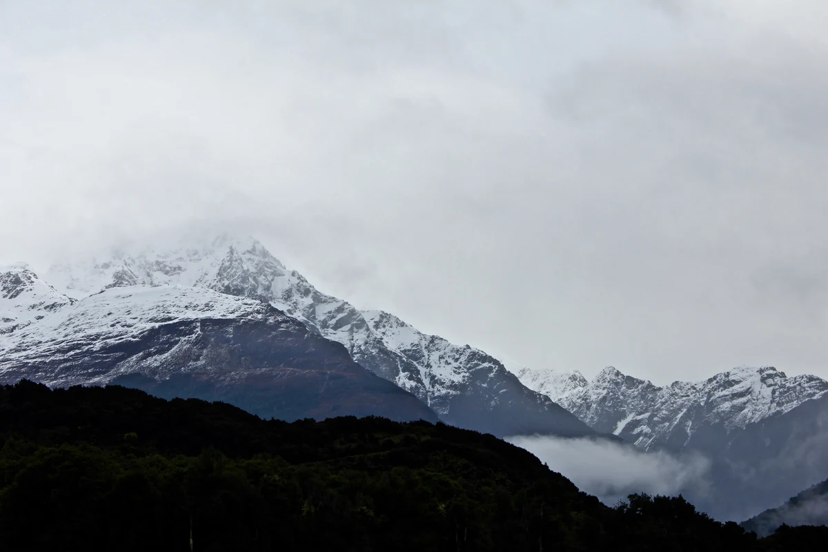 Quand partir en Nouvelle-Zélande : climat, saisons et meilleure période par île 3 Les sommets enneigés du mont Cook émergeant des nuages, au-dessus des vallées boisées