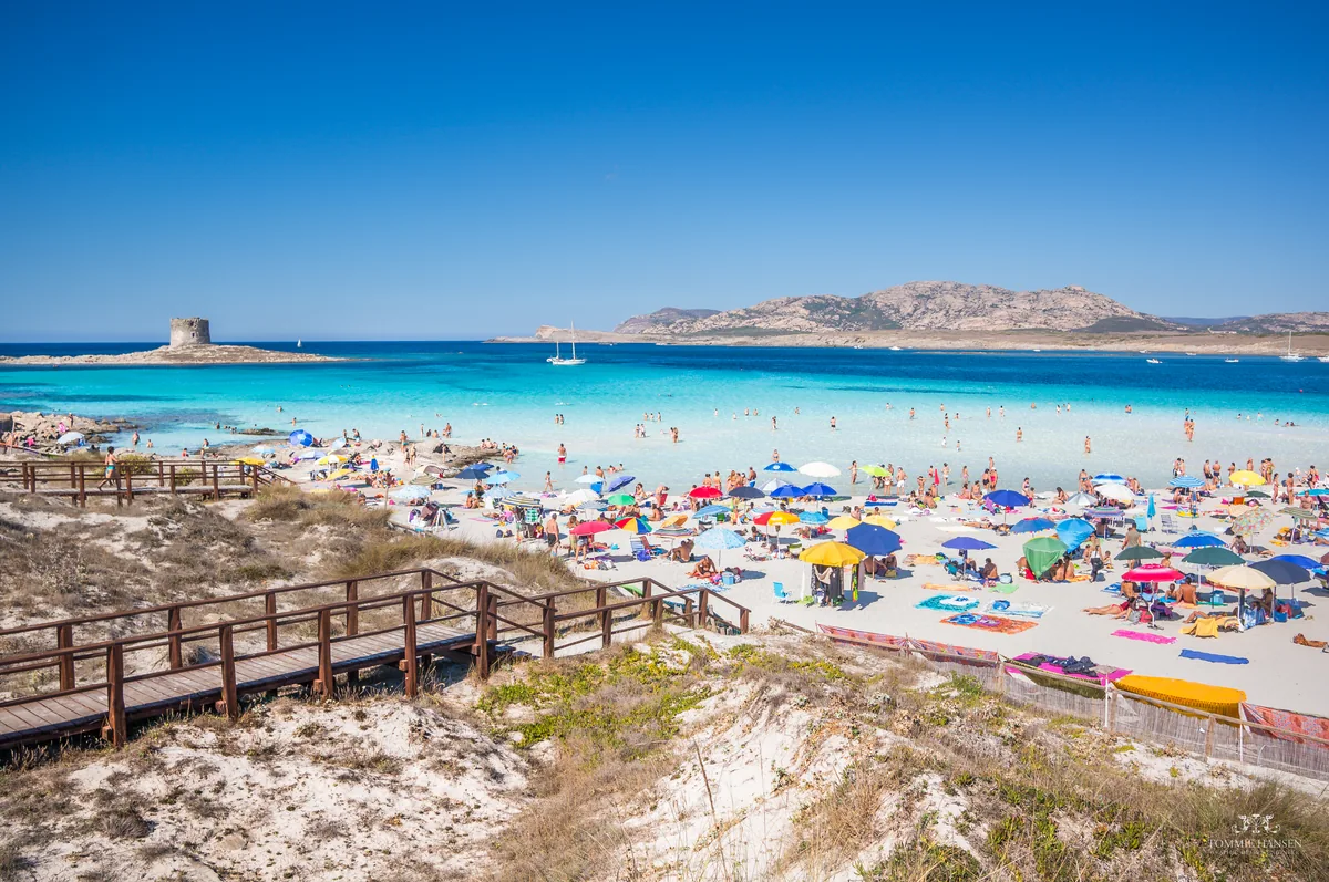 La plage de La Pelosa à Stintino en Sardaigne, ses parasols colorés et ses eaux peu profondes translucides