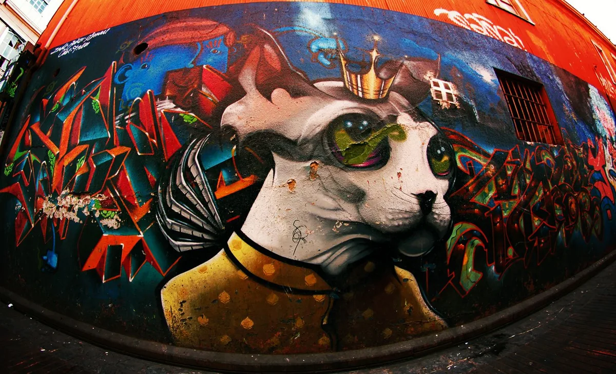 Valparaíso au Chili : la ville qui se lit colline par colline 2 Une fresque de street art couvrant un mur de Valparaíso, motifs colorés