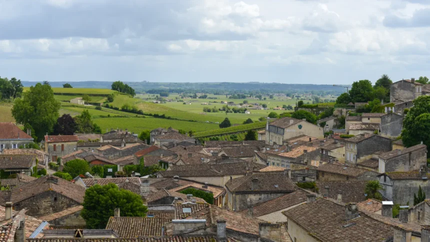 Un village viticole français dominant ses vignes, ses toits de tuiles et son clocher au-dessus des rangs