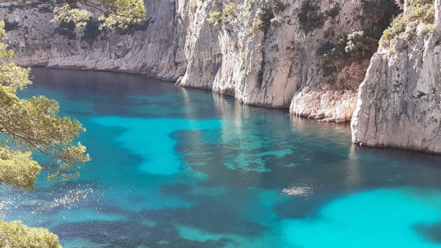 Les eaux turquoise d'une calanque de Cassis entre falaises calcaires et pins, en Provence