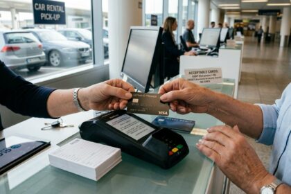 Carte bancaire de crédit présentée au comptoir pour une caution de location de voiture