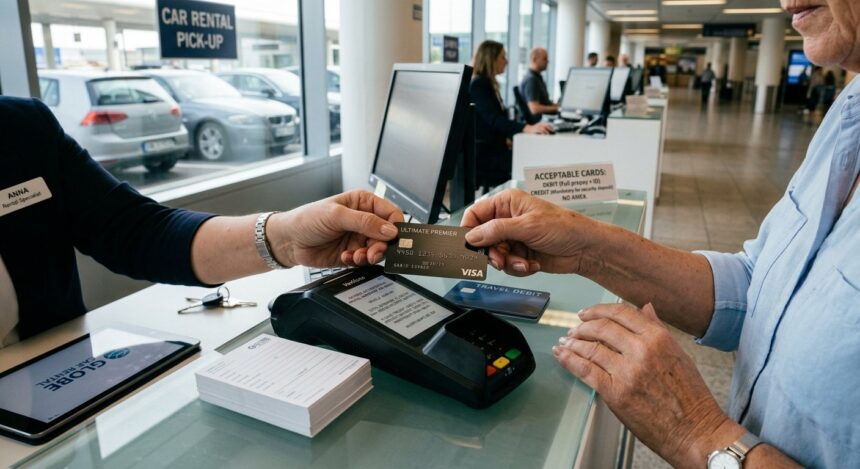Carte bancaire de crédit présentée au comptoir pour une caution de location de voiture