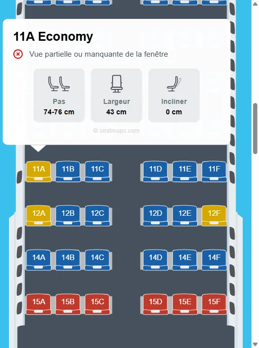 Comment bien choisir sa place en avion grâce à Seatmaps.com 3 Plan de cabine Seatmaps.com du Boeing 737-800 de Ryanair : le siège 11A en jaune signalé par la mention vue partielle ou manquante de la fenêtre, et le rang 15 en rouge