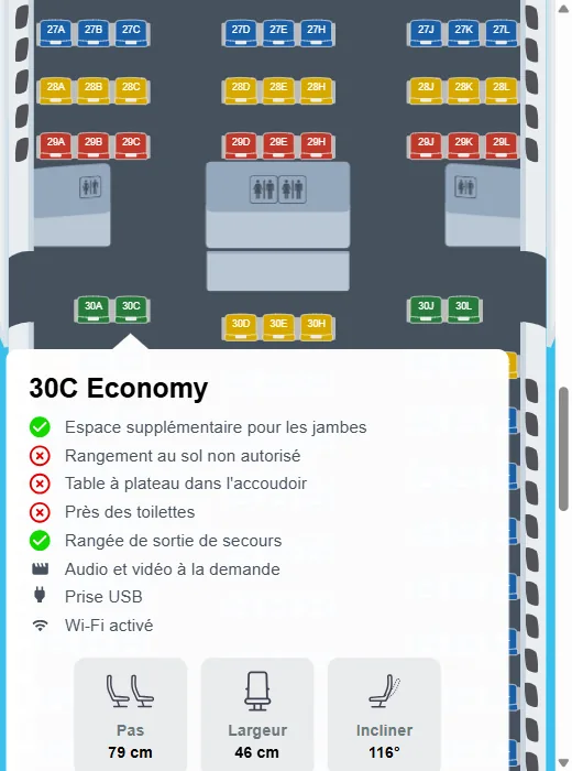 Comment bien choisir sa place en avion grâce à Seatmaps.com 2 Plan de cabine Seatmaps.com de l'Airbus A350-900 d'Air France : rangs 27 à 31 colorés en bleu, jaune, rouge et vert, et fiche du siège 30C avec espace supplémentaire pour les jambes, rangée de sortie de secours, pas de 79 cm